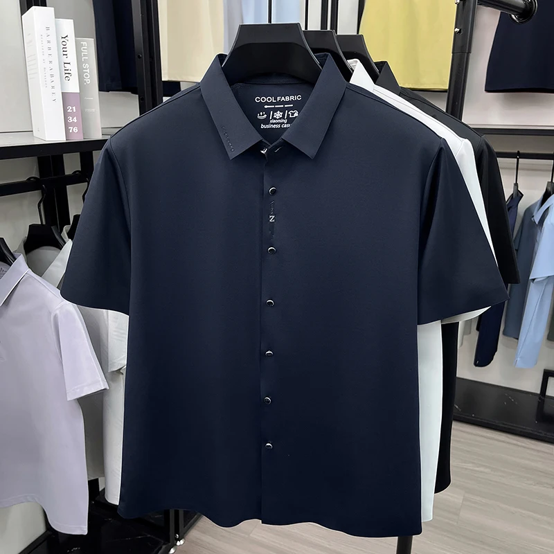 

2026 Summer Elegant Men's Shirt Ice Silk Seamless Smooth Breathable Stretch Collar Business Office Short Sleeve Shirt for Man