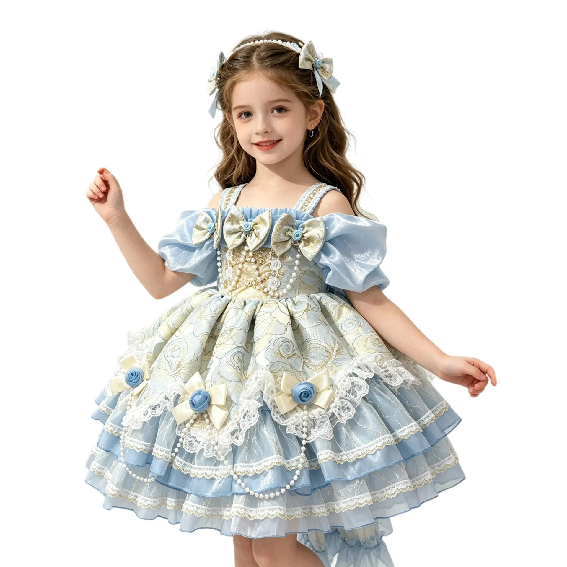 Blau-Gold Jacquard Mädchen Lolita Kleid Puffärmel Schleife Perlen Mehrschichtiger Spitzenrock Kinder Hochzeits-Prinzessinnen-Outfit Blumenmädchen-Kostüm – Detail 5