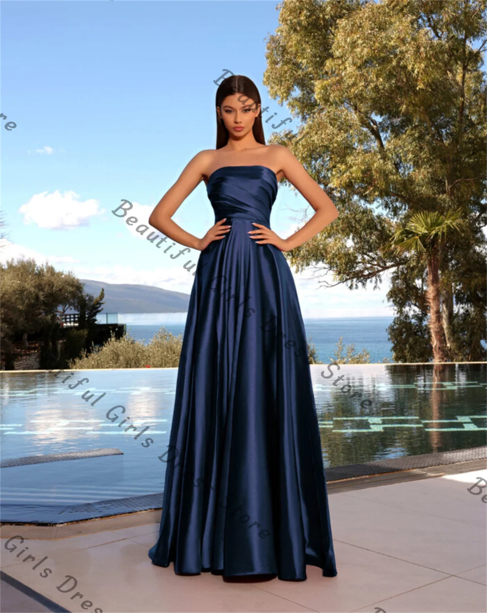 

Satin Strapless Pleated Corset Prom Dresses With Split Sleeveless Backless Evening Gowns A-line Long Formal Ball Gowns for Women