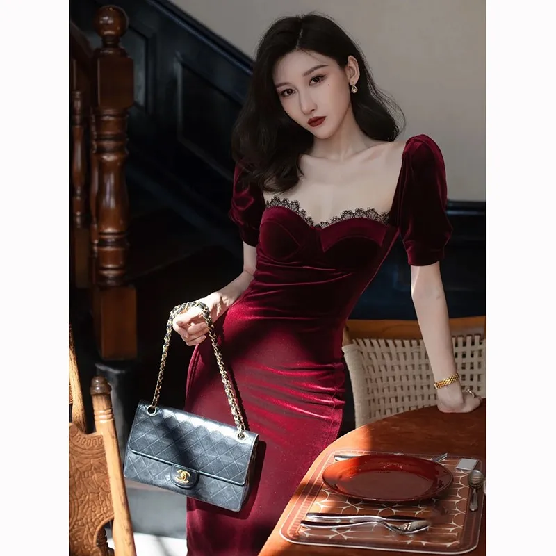 

Vintage temperament elegant style velvet lace dress