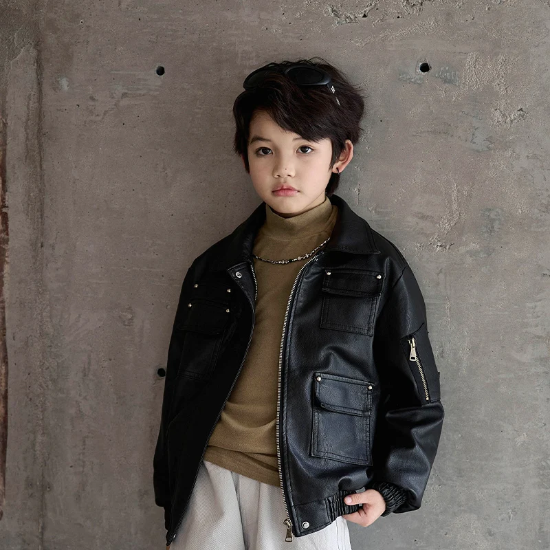

2025 Autumn New Children's Leather Jacket Fashionable Windproof Motorcycle Suit Boys' Casual Lapel Jacket RM115