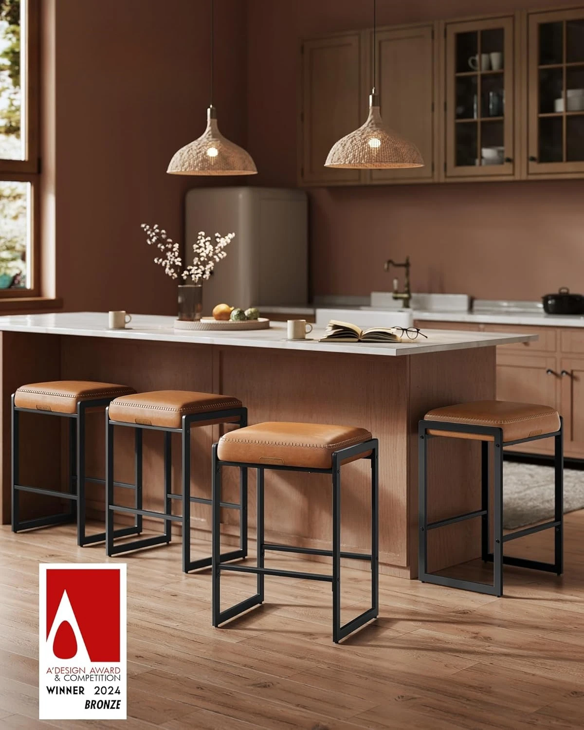 مجموعة مقاعد بار مكونة من 2، مقاعد بار بارتفاع عداد، جلد صناعي مع خياطة، مقاعد مضادة حديثة في منتصف القرن