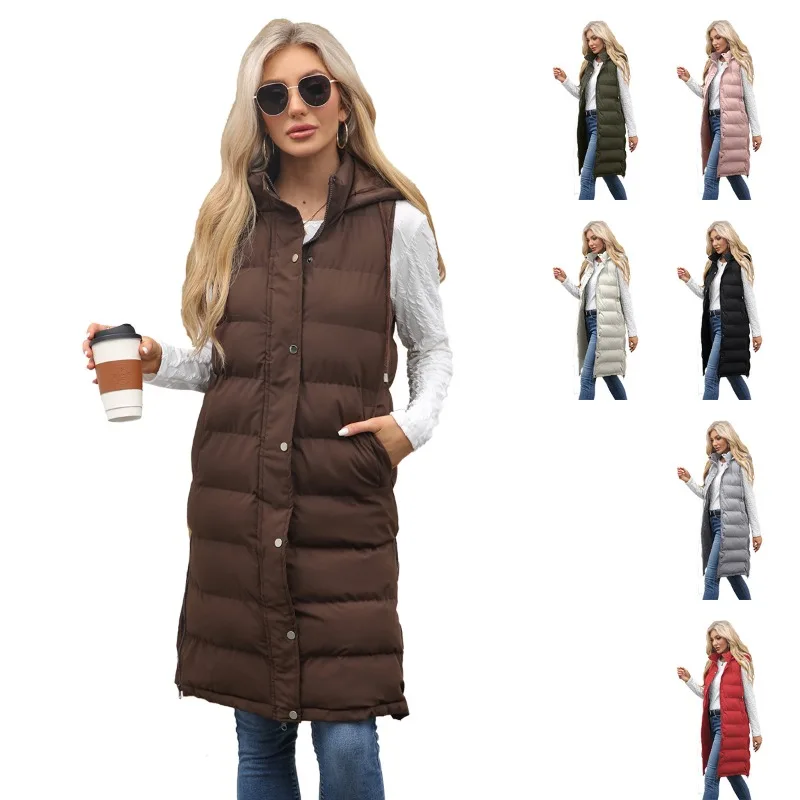 

Autumn Winter New Women's Hooded Sleeveless Vest Long Style Solid Color Zipper Clip Cotton Thick Coat Casual Women's Clothing