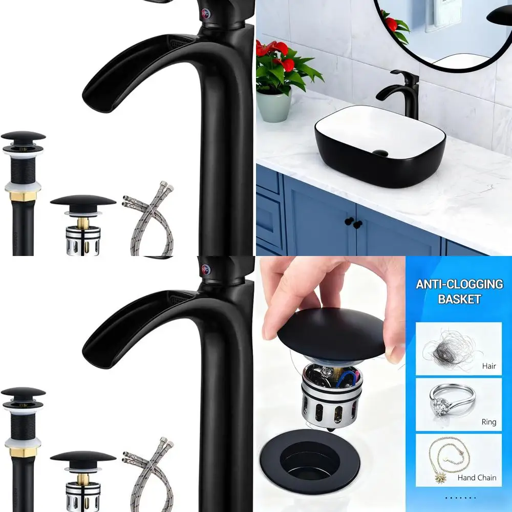 

Tall Single Hole Matte Black Vessel Sink Faucet with Waterfall Spout and Anti-Clog Pop-Up Drain