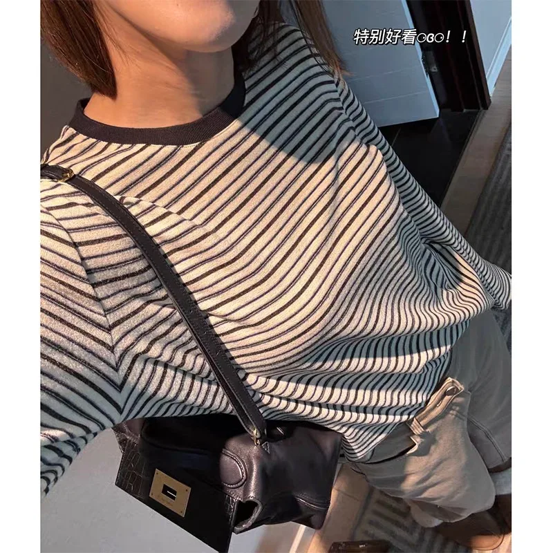Women's Retro Korean Style Thick Soft Cotton Striped Long Sleeve T Shirt Contrast Collar Casual Tops