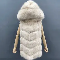 Janefur-Faux Fur Coat with Hood for Women, Long Female Vest, Artificial Fur Gilet, Furry Warm Jackets, High Quality, Winter