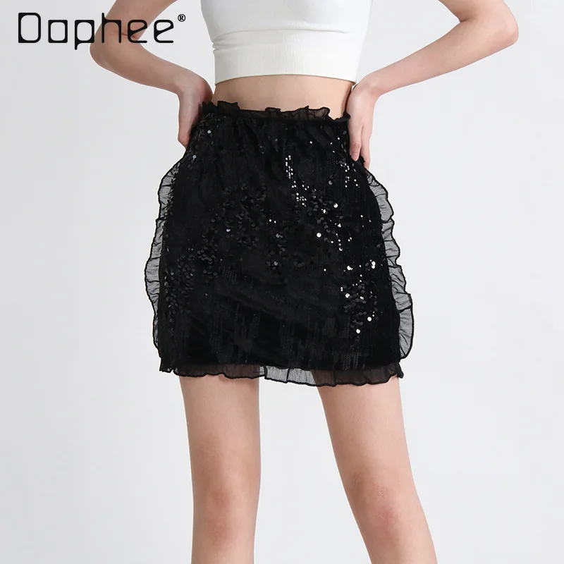 Sequin Short Skirt Fashion Temperament Women Ruffle Mesh Patchwork High Waist A Line Skirt Versatile Club Party Black