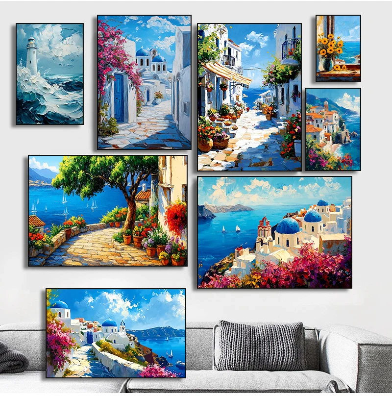 Santorini Greek Island Italian Amalfi Coast Poster Canvas Painting Print Wall for Living Room Home Decor Cuadros