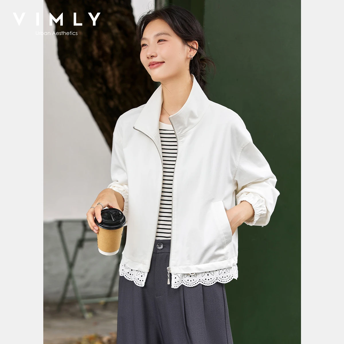 VIMLY White Woman Long Sleeve Autumn Polo Neck Female Jackets 2025 Elegant Loose Splicing Lace Hem Zippers Ladies Coats A2079