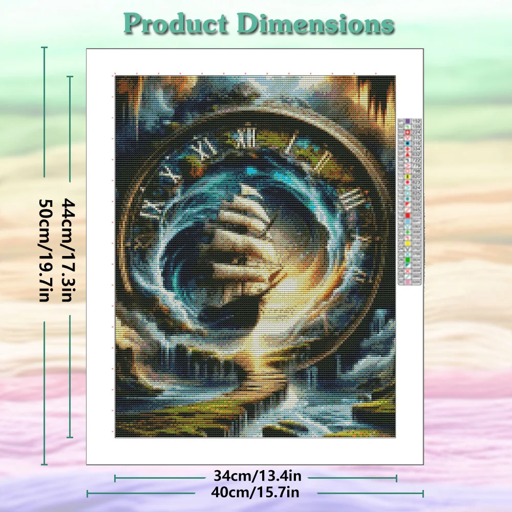 DIY 11CT Cross Stitch Kits Printed Clock Sailboat Train Embroidery Set Landscape Wall Handicraft Living Room Decor