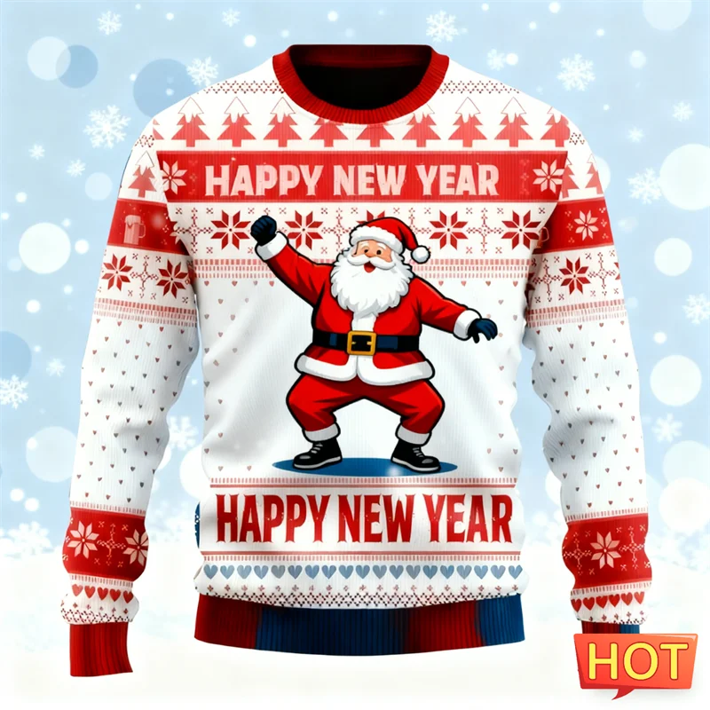 موضة سانتا كلوز الجرافيك سترة عيد الميلاد القبيحة للرجال العصرية الشارع الشهير ثلاثية الأبعاد مطبوعة بلوزات عادية المتضخم البلوفرات #3