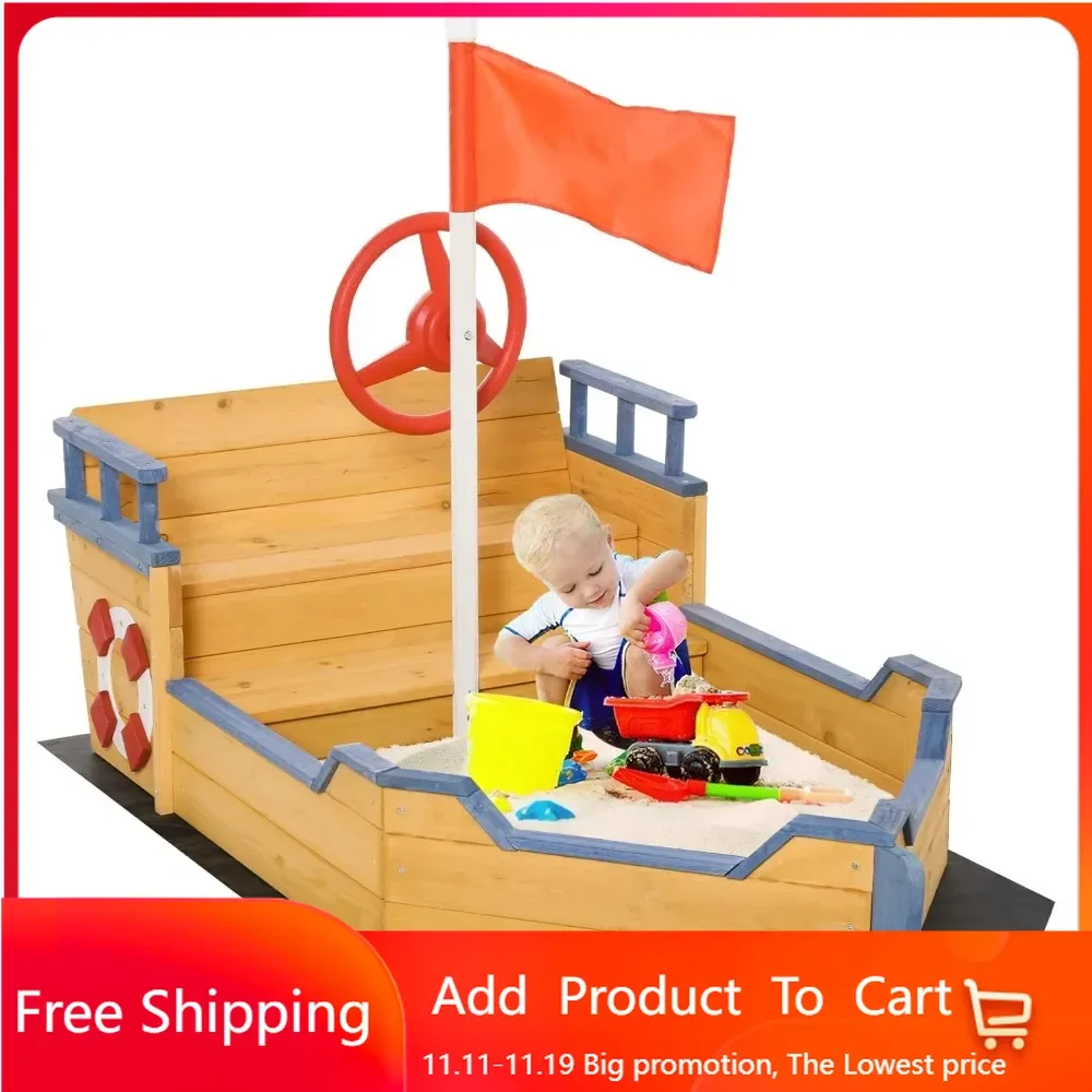 Wooden Kids Pirate Sandbox, Outdoor Sandboat with Bench Seats, Storage, Non-Woven Fabric Cloth for Backyard, Lawn