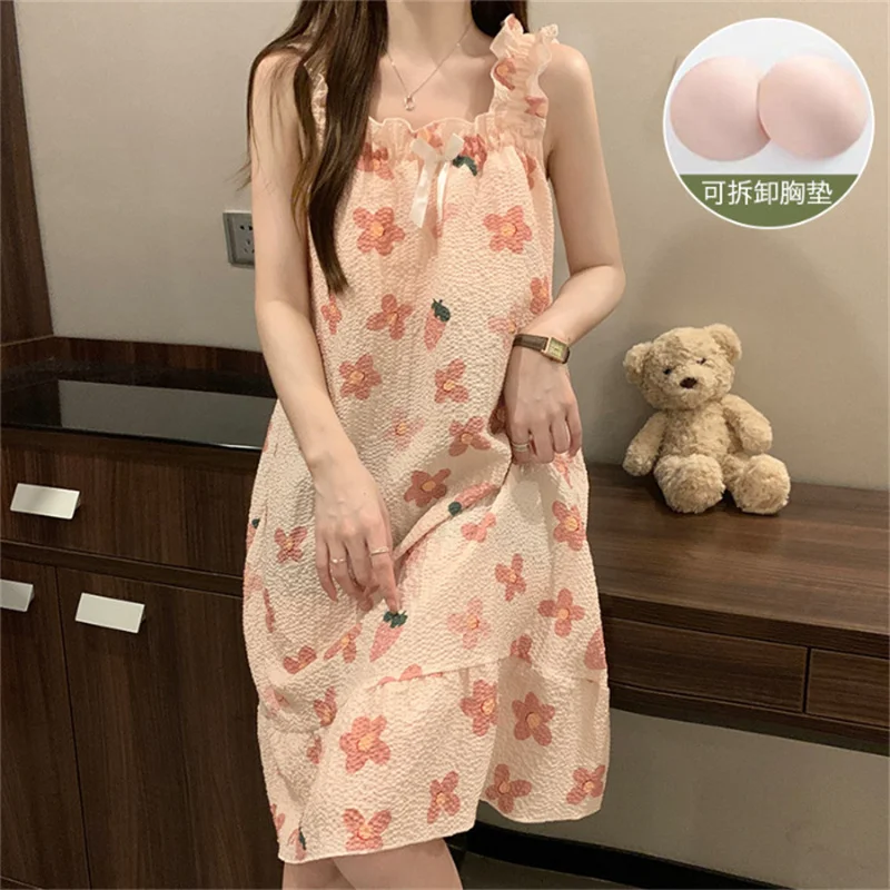 korean Reviews Many Pajamas Dress Sweet Sleeveless Summer Nightdress Print Cotton Women\'s Nightgowns Bra Pad Sleep Shirts