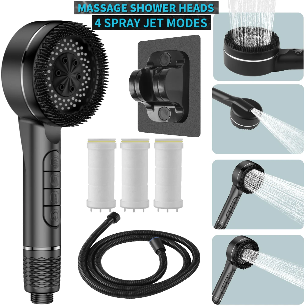 

New 4 Modes Shower Head High Pressure Massage Showerhead One-Key Stop Water With Hose and Filter Element Bathroom Accessories
