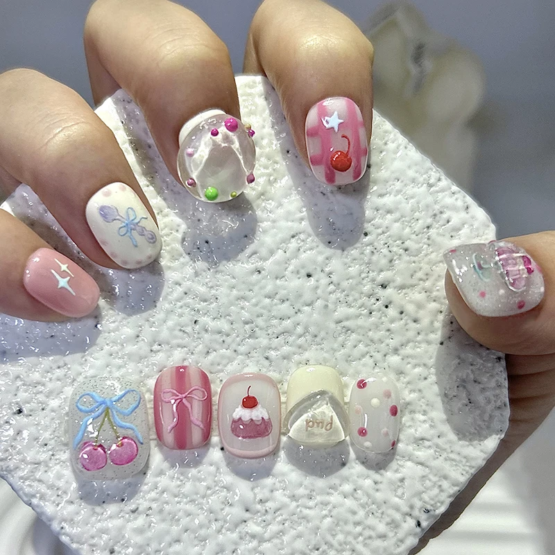 10 Pieces Dreamy Summer Press On Nails Handmade Sweet Cute Ice Cream Donuts Clear Jelly False Nail Patches Removable