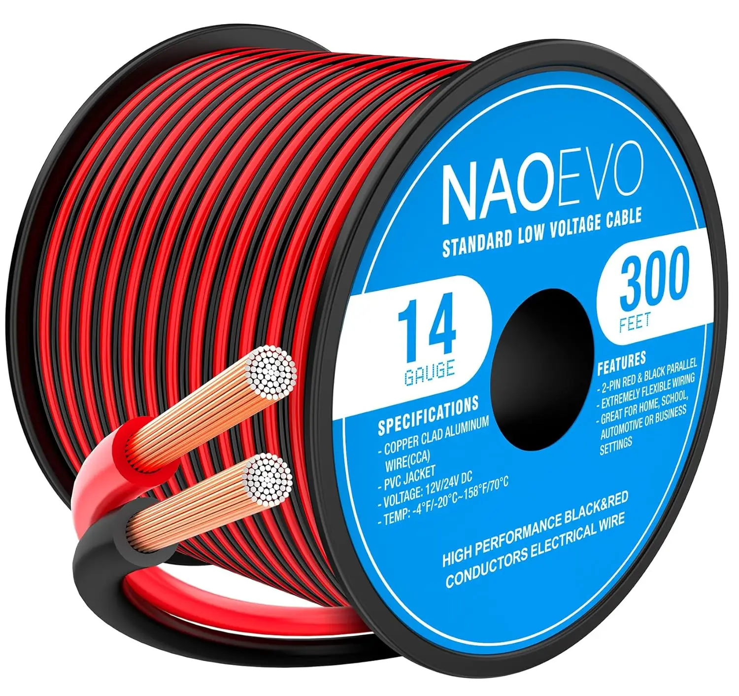 14 Gauge Wire 300F 2 Conductors Electrical Wire Red Black Cable Flexible/Low Voltage 14 AWG Copper Clad Aluminum Extension Cord