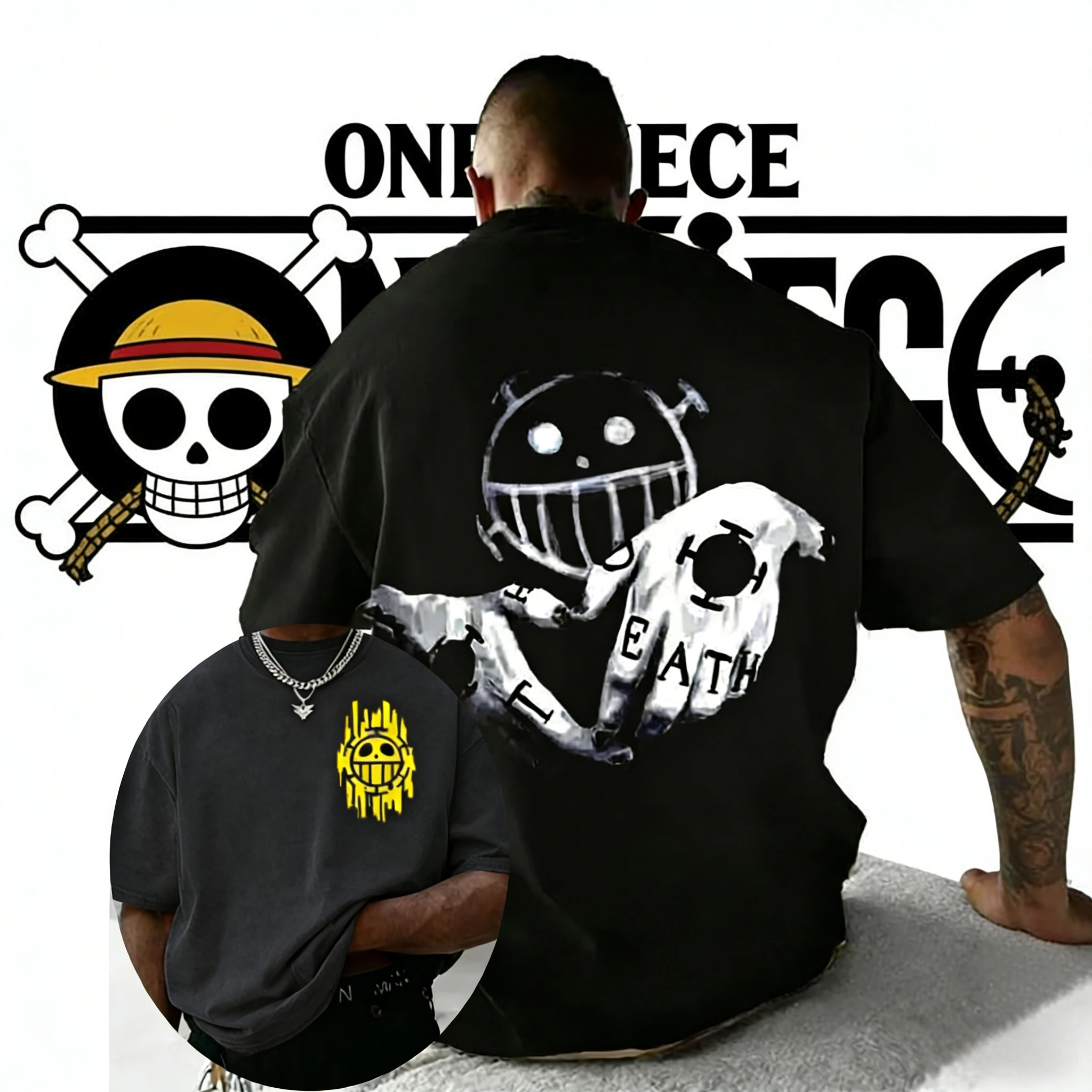 

26 Summer One Piece Vintage Cotton Print T-Shirt Trafalgar Law Heart Pirates Death Print Harajuku Top for Anime Fans Adults Kids