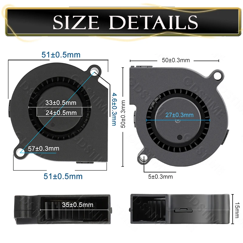 Wentylator Gdstime 5015 24V 12V 5V z łożyskiem kulkowym/łożyskiem ślizgowym, wentylator do drukarki 3D 50x50x15MM USB 4PIN 2PIN, turbowentylator chłodzący 50MM, wentylator odśrodkowy. — zdjęcie produktu 5