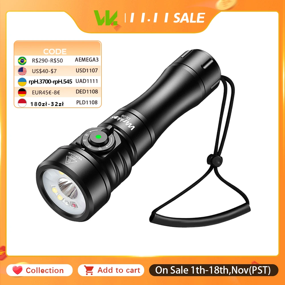 Wurkkos DL08 High-Power Flashlight 21700 Rechargeable Dive Light 3600Lm with Rotating Magnetic Switch 6500K Underwater Spotlight