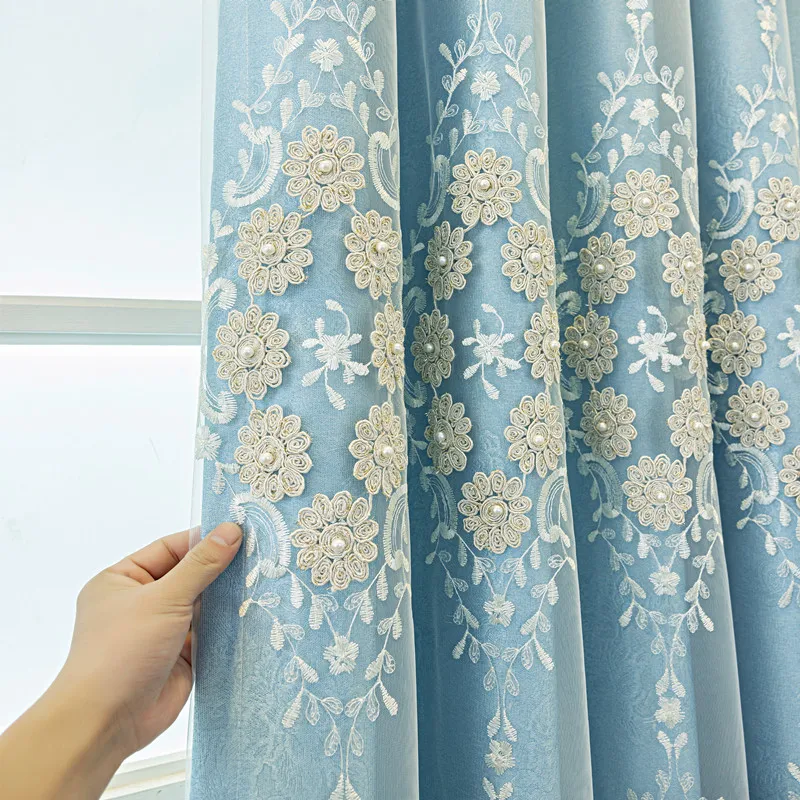 Custom Two Layers Embroidered Curtain with Sheer - Luxury Gold Trim Ivory White European Floral Curtain for Living Room Bedroom
