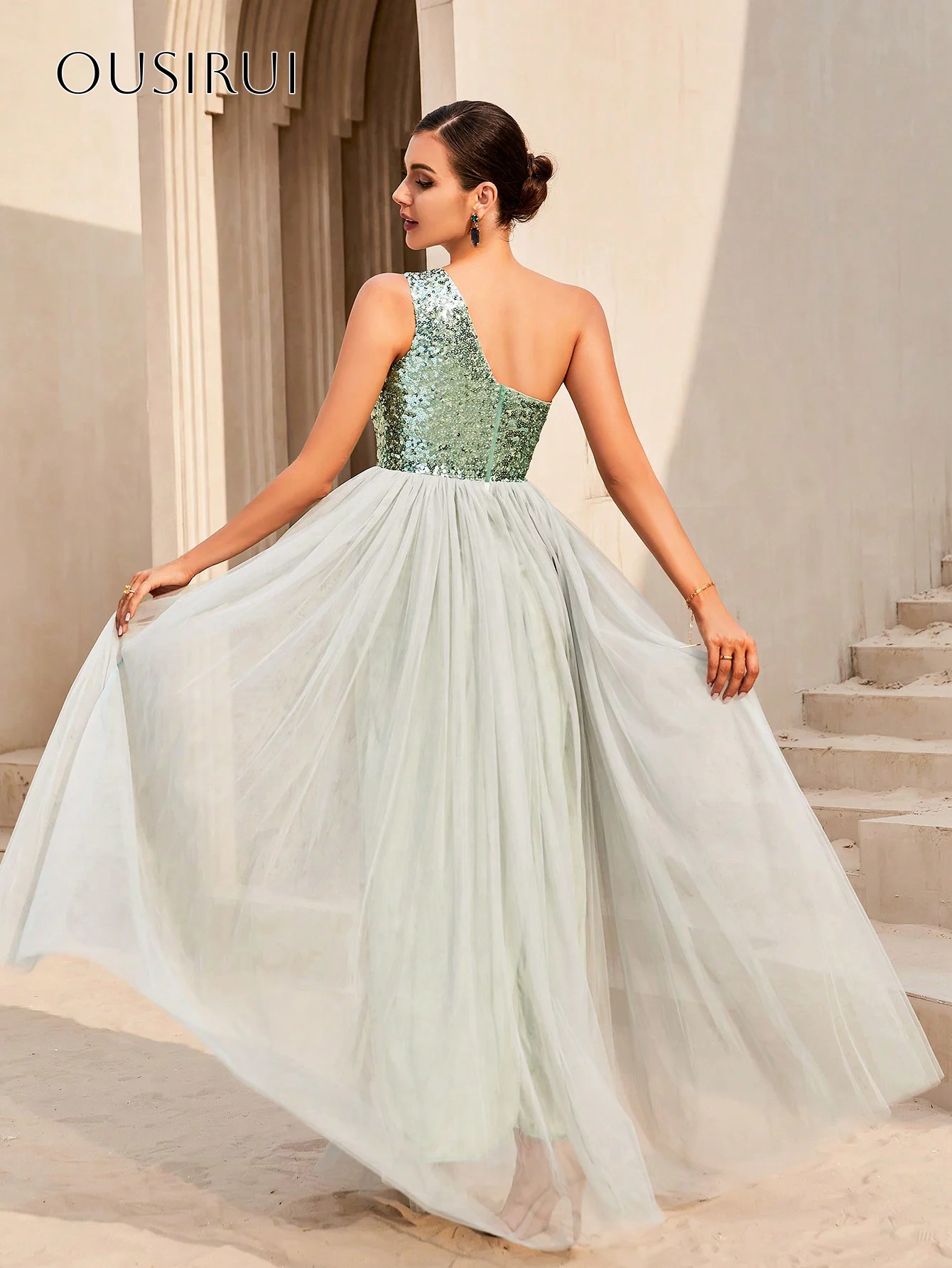 One-Shoulder-Abendkleider in A-Linie mit Pailletten, Tüll, ärmellos, maßgeschneidert, 1961 Afrikaans Robes De Soirée