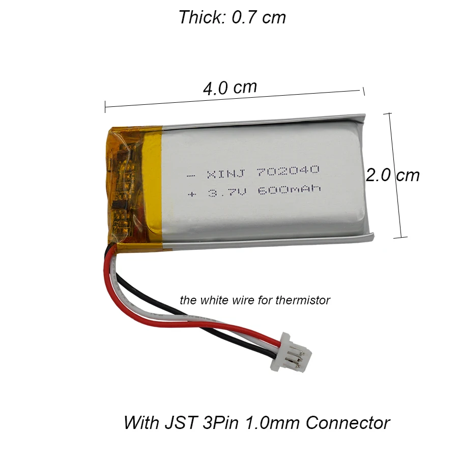 2pcs 3.7V 600mAh 2.22Wh Li-Polymer Li Lipo Battery 702040 Thermistor JST 3Pin 1.0mm For Record Pen GPS Bluetooth Speaker DashCam