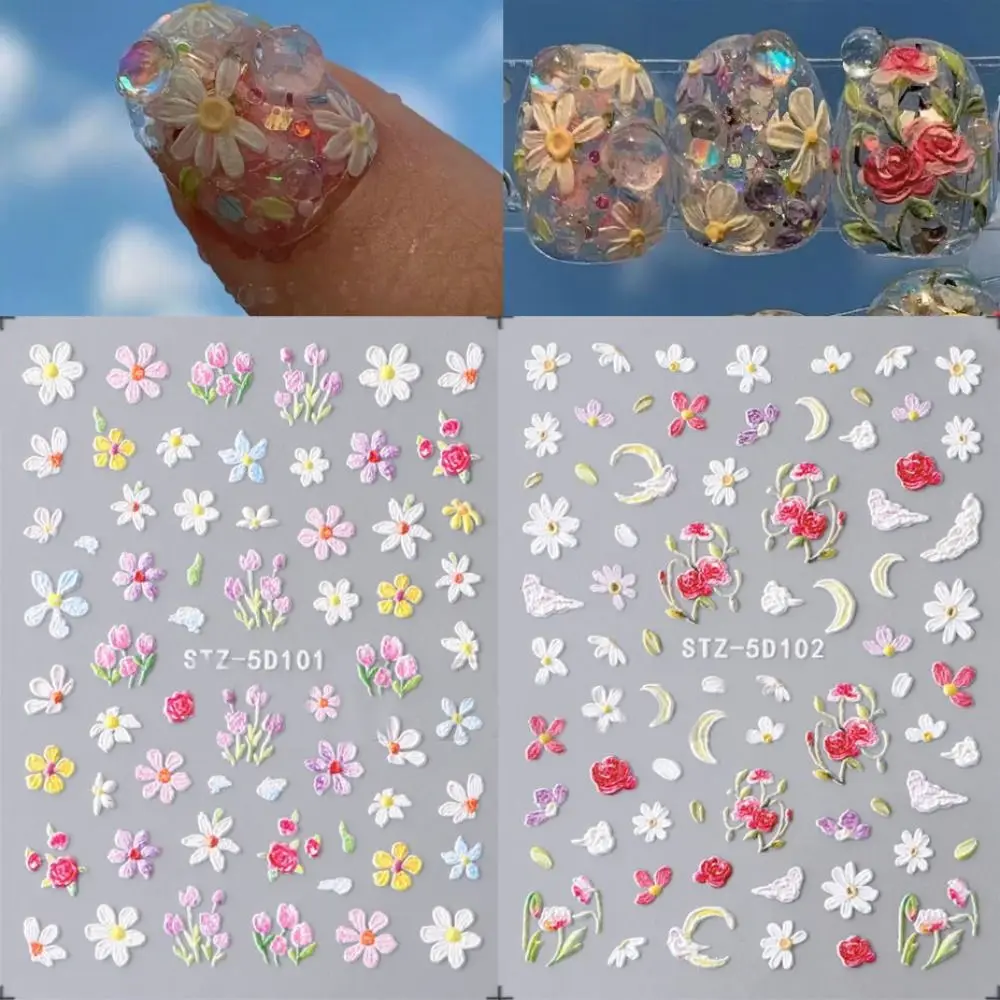 Pegatinas de pétalos 5D para uñas, calcomanías adhesivas de flores coloridas en relieve, dijes elegantes franceses grabados, decoración de Arte de uñas DIY, nuevo