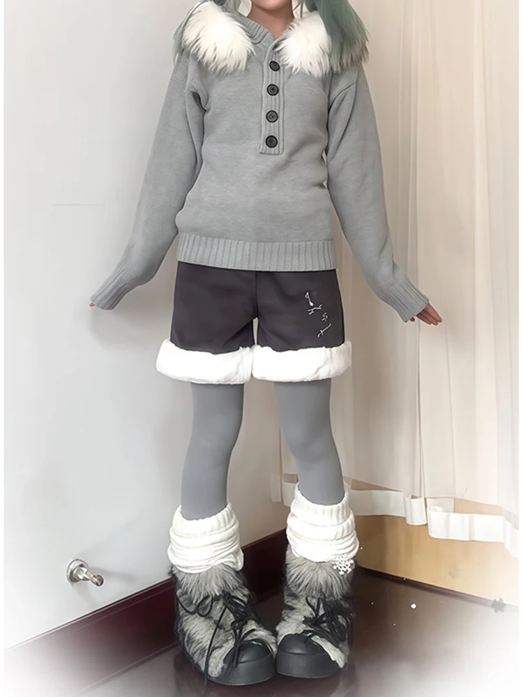 

Retro dark gray embroidered plush edge shorts women's autumn and winter new American style y2k spicy slim fit pants
