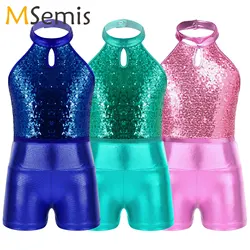 Kids Girls Halter Sequins Ballet Gymnastics Leotard with Shorts Jazz Hip-Hop Dancewear Sets for Dance Competition Performance