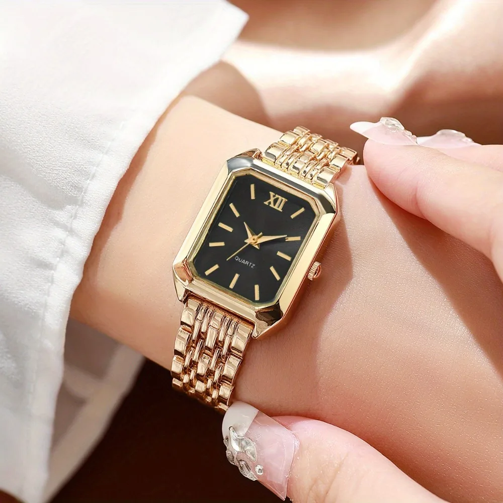 1pc Elegant Women's Quartz Watch | Classic Style, Roman Numerals, Square Dial, Alloy Band, Green & Pink Accents