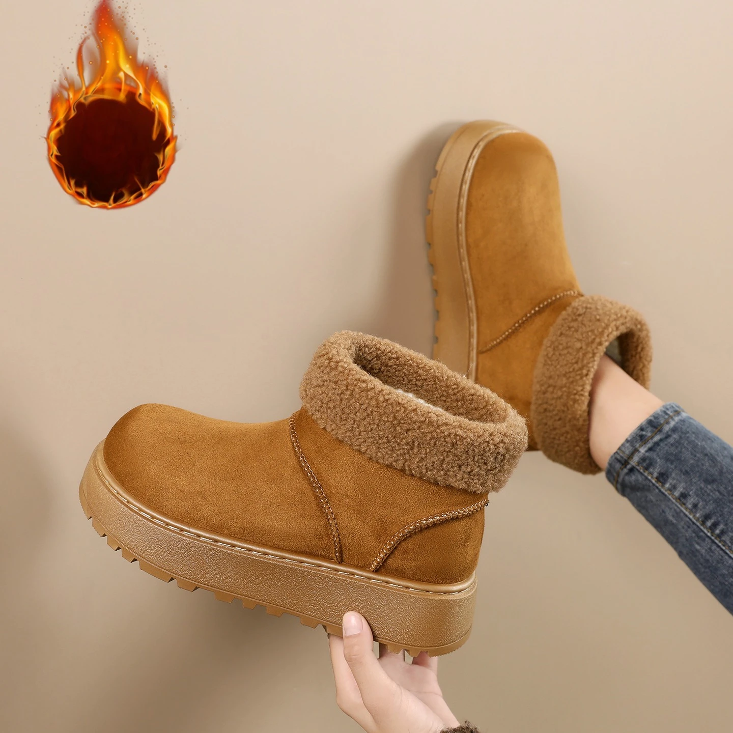 Women's Winter New Snow Boots, Thick Sole Fleece Lined Warm Ankle Boots, Lightweight Fire Resistant Slip On Warm Cotton Shoes