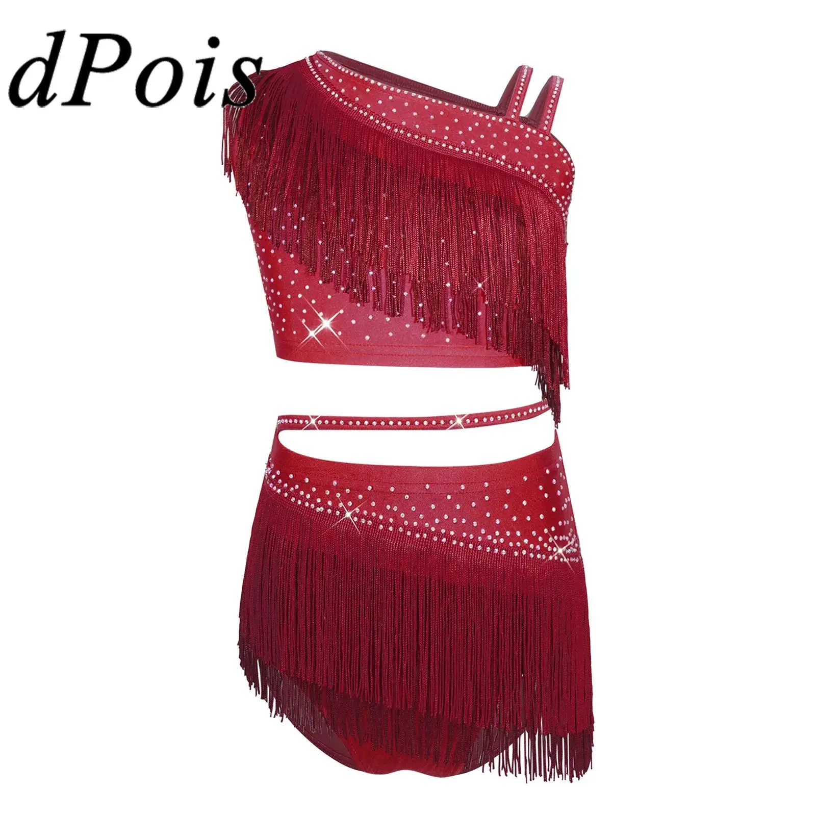 Kids Girls Rhinestone Tassel Latin Dance Outfit Fringed Crop Top with Skirt for Performance Cha-cha Tango Rumba Dancing Costume