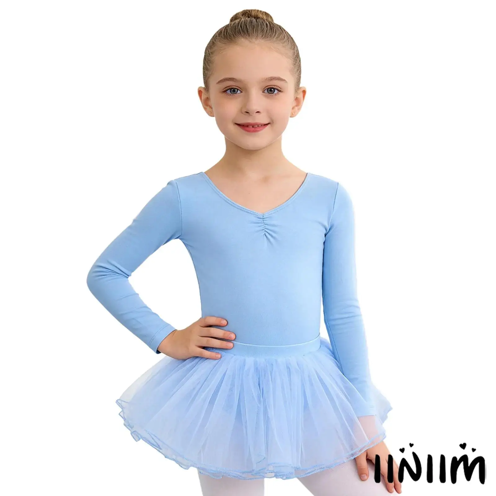 

Kids Girls Ballet Latin Dance Outfit Long Sleeve Press Button Crotch Dance Leotard Bodysuit with Skirt for Gymnastics Dancewear