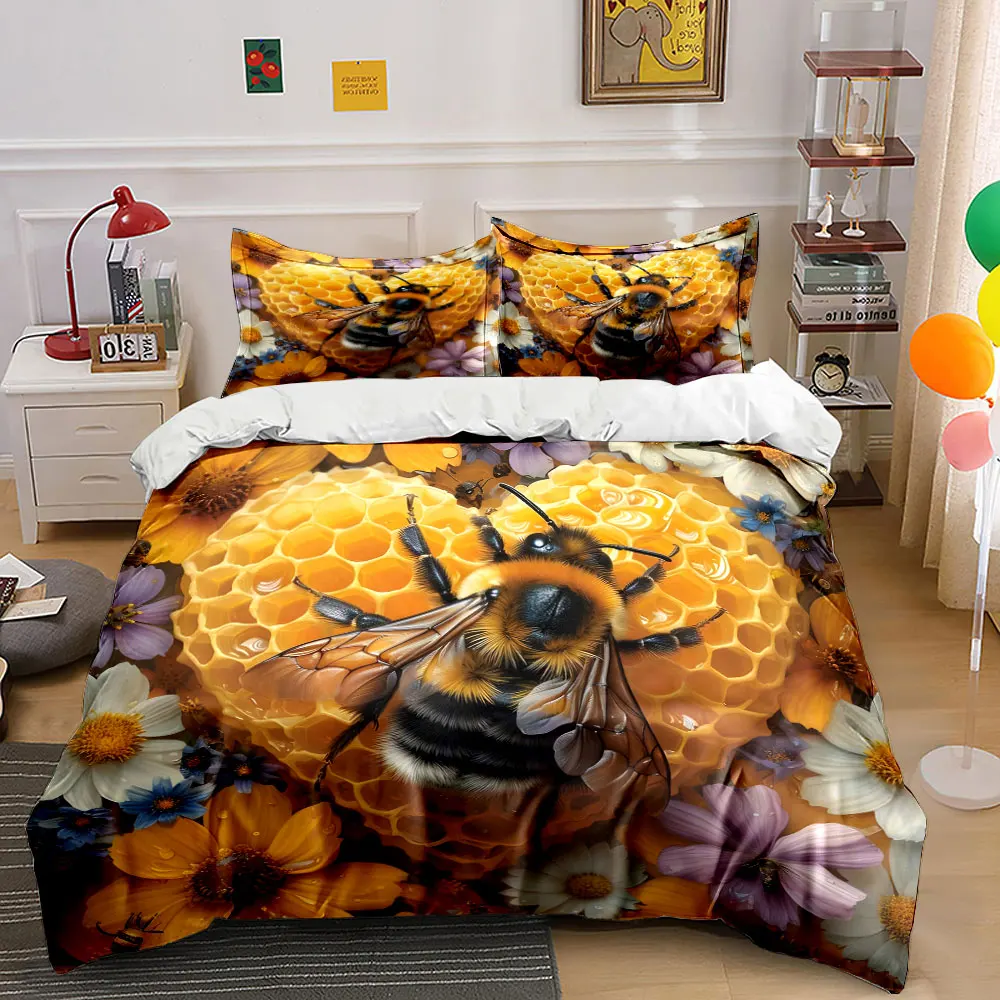 Bee with honeycomb surrounded by flowers Printed Duvet Cover Set1 Duvet Cover+2 PillowcaseMulti Size Bedroom Bedding Decoration