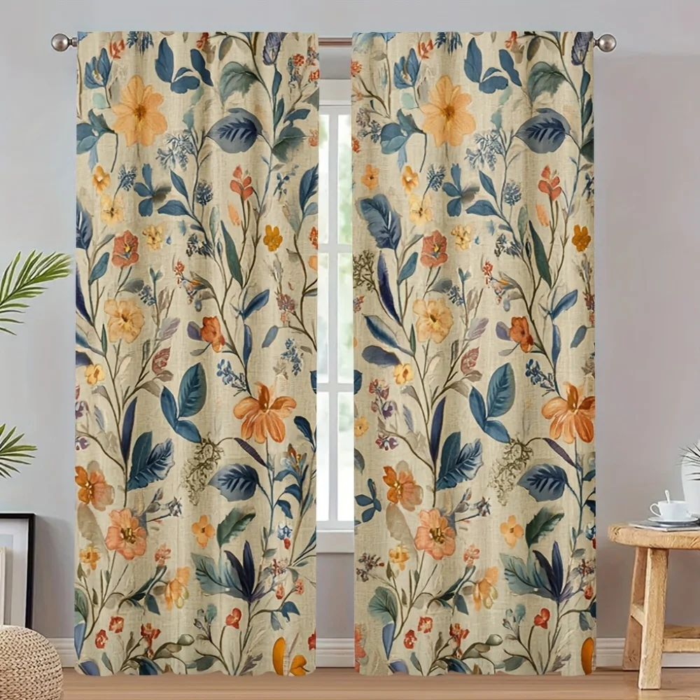 Luxe Watercolor Floral Curtains Pair Boho Botanical Pattern Window Curtain Panels for Living Room Bedroom Cottagecore Home Decor