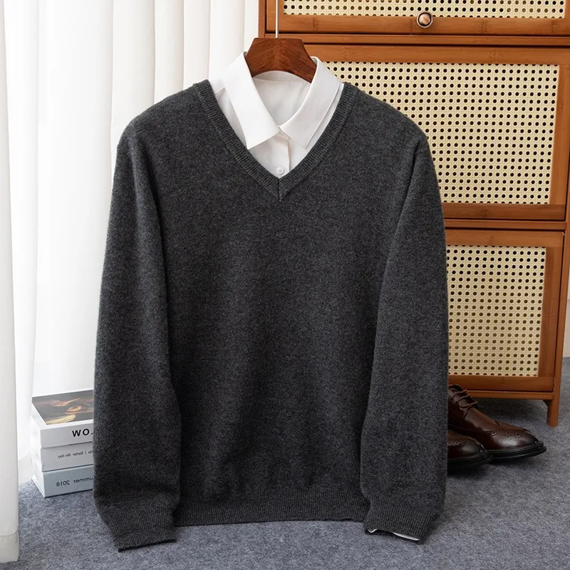 Maglione di lana da uomo Pullover con scollo a V Autunno Inverno Cashmere Caldo solido Maglieria Abbigliamento Business Bottoming Top morbidi