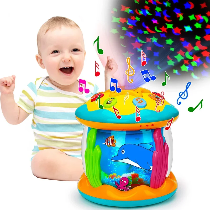 Baby hand drum projection Montessori early education toy with light music multi-functional clap Rotary Sensory Toys children