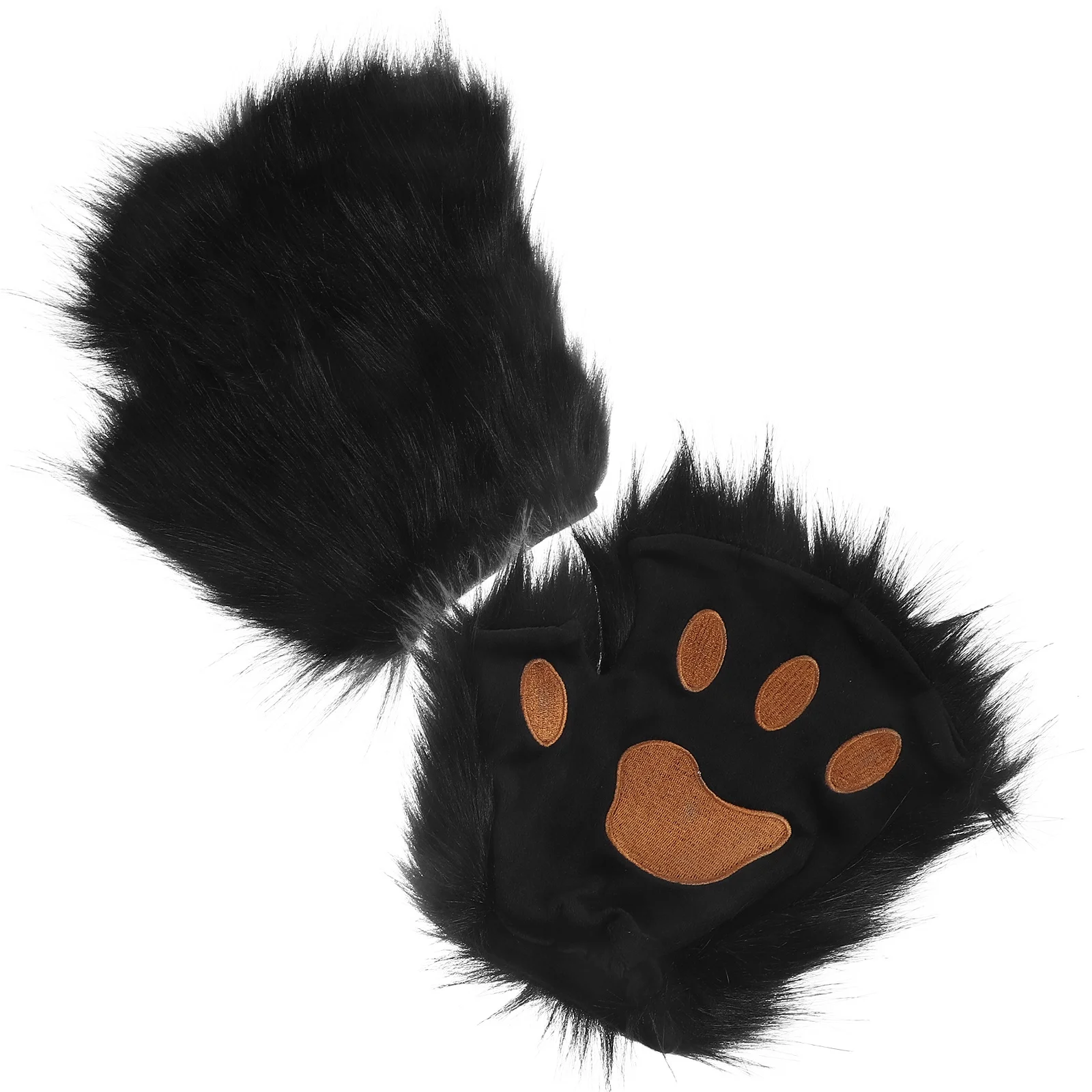 

A Pair of Black Halloween Long-Haired Animal Paw Gloves Warm Half-Finger Mittens for Cosplay Party and Daily Use