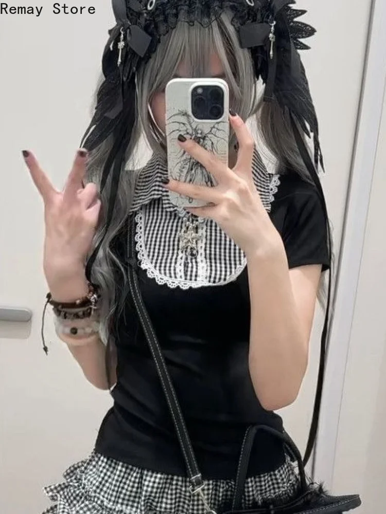 Summer Subcultural Japanese Gothic Design Women 2 Piece Set Doll Collar Short-Sleeved Tees + Check Puffy Skirt Hot Girl Outfits