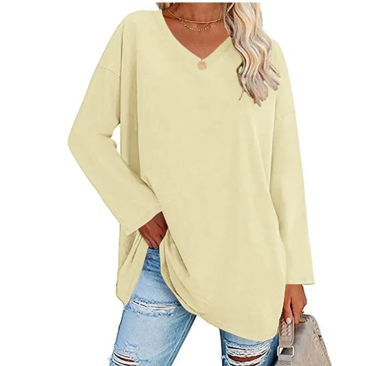 Womens Spring and Autumn New Crew Neck T Shirt Solid Color Splicing Loose Large Size Comfortable Soft Versatile Long Sleeves Top