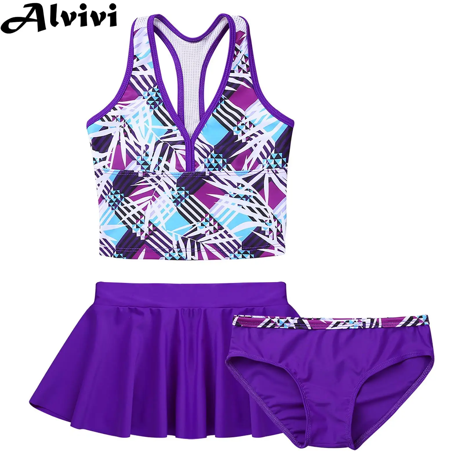 Girls 3pcs Swimwear Sleeveless Racer Back Vest with Briefs Skirt Swimsuit Bathing Suit Beach Vacation Surfing Costume Sportswear