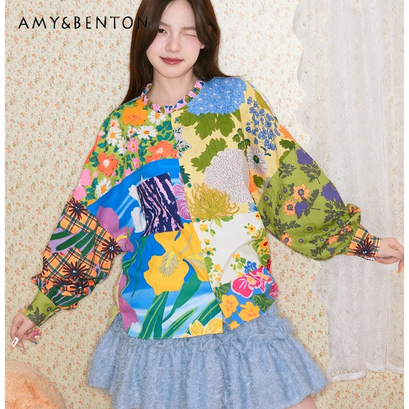 

Japanese Splicing Floral Long Sleeve Vintage Women's Shirt Autumn New Design Elegant Versatile Age-Reducing Loose Shirts Ladies