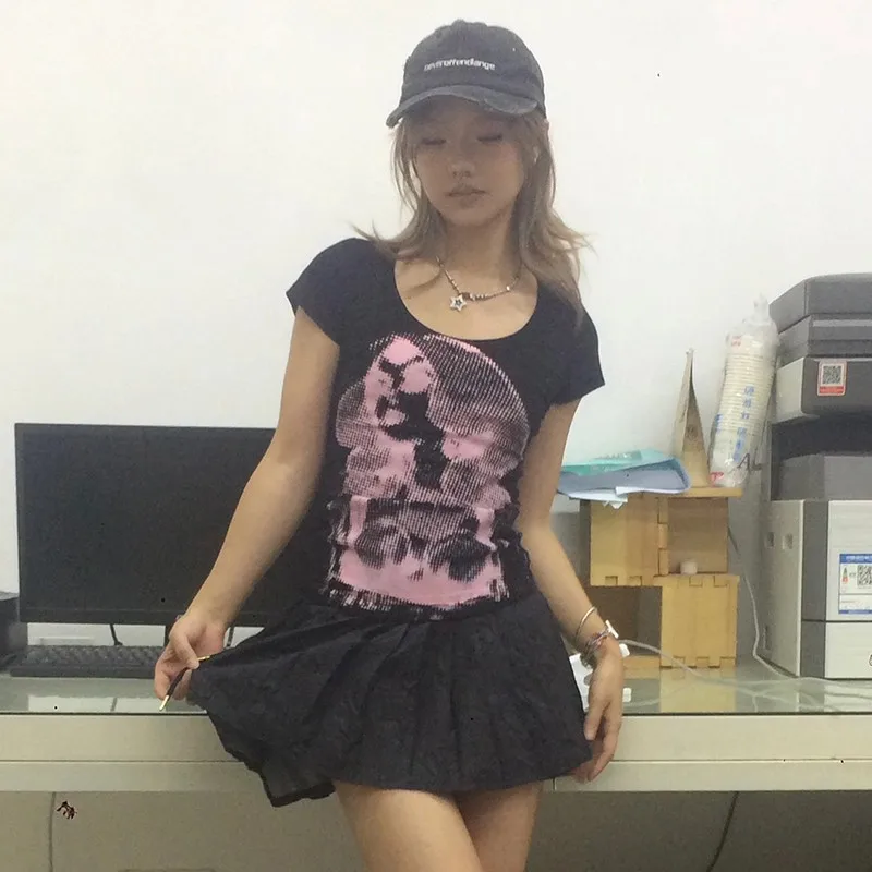 Karrram Trashy Y2k Tops Japanese 2000s Aesthetics Short Sleeve T-shirt Vintage Harajuku Graphic T Shirts Grunge American Retro