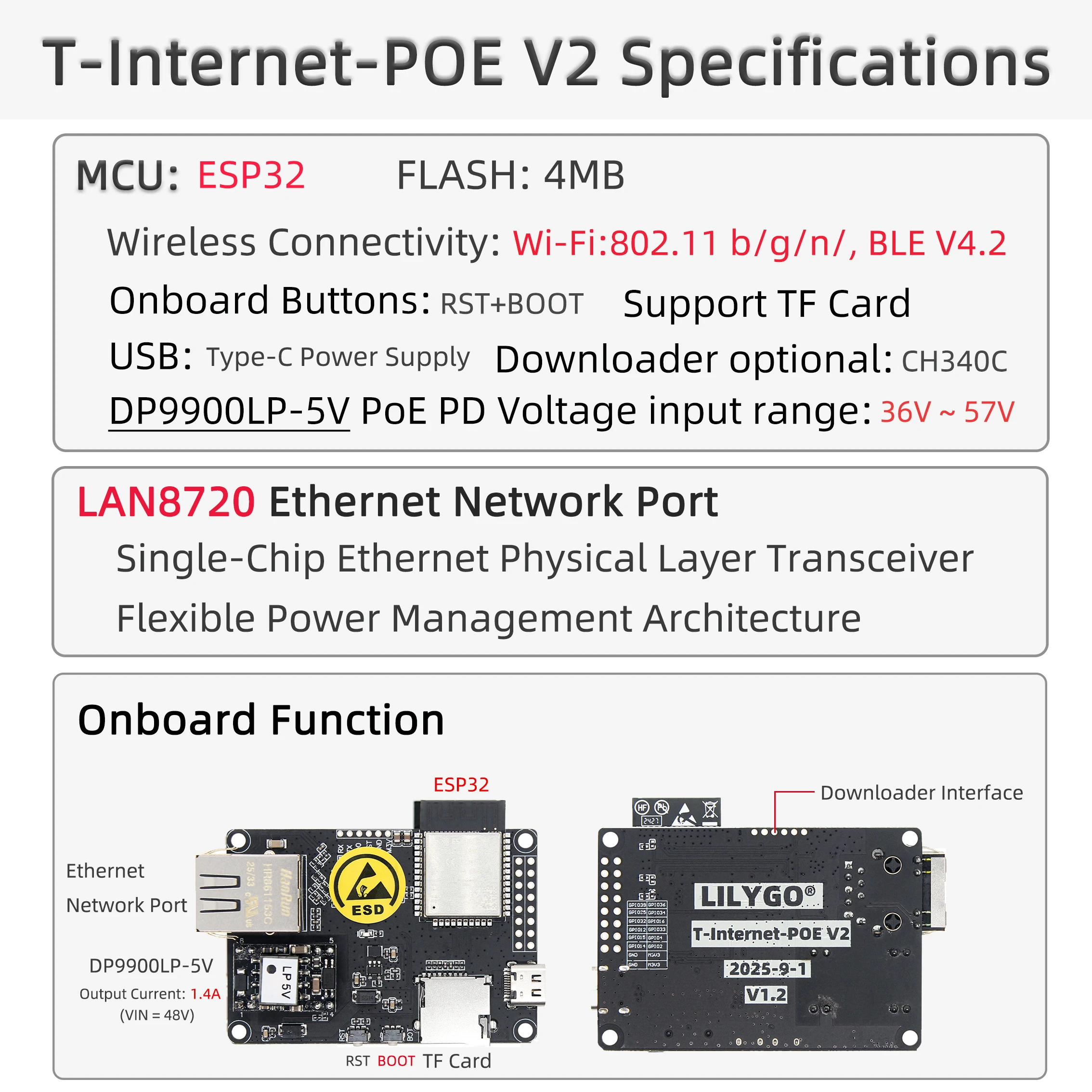 LILYGO ® TTGO T-Internet-POE ESP32-WROOM LAN8720A Chip Ethernet Adapter und Downloader Erweiterungsplatine Programmierbare Hardware – Detail 5