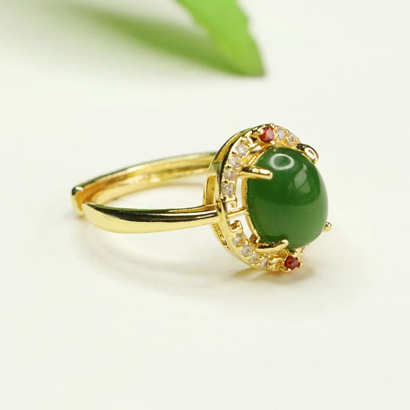 Natural Hetian jade ring, spinach green jasper finger ring, female jade.