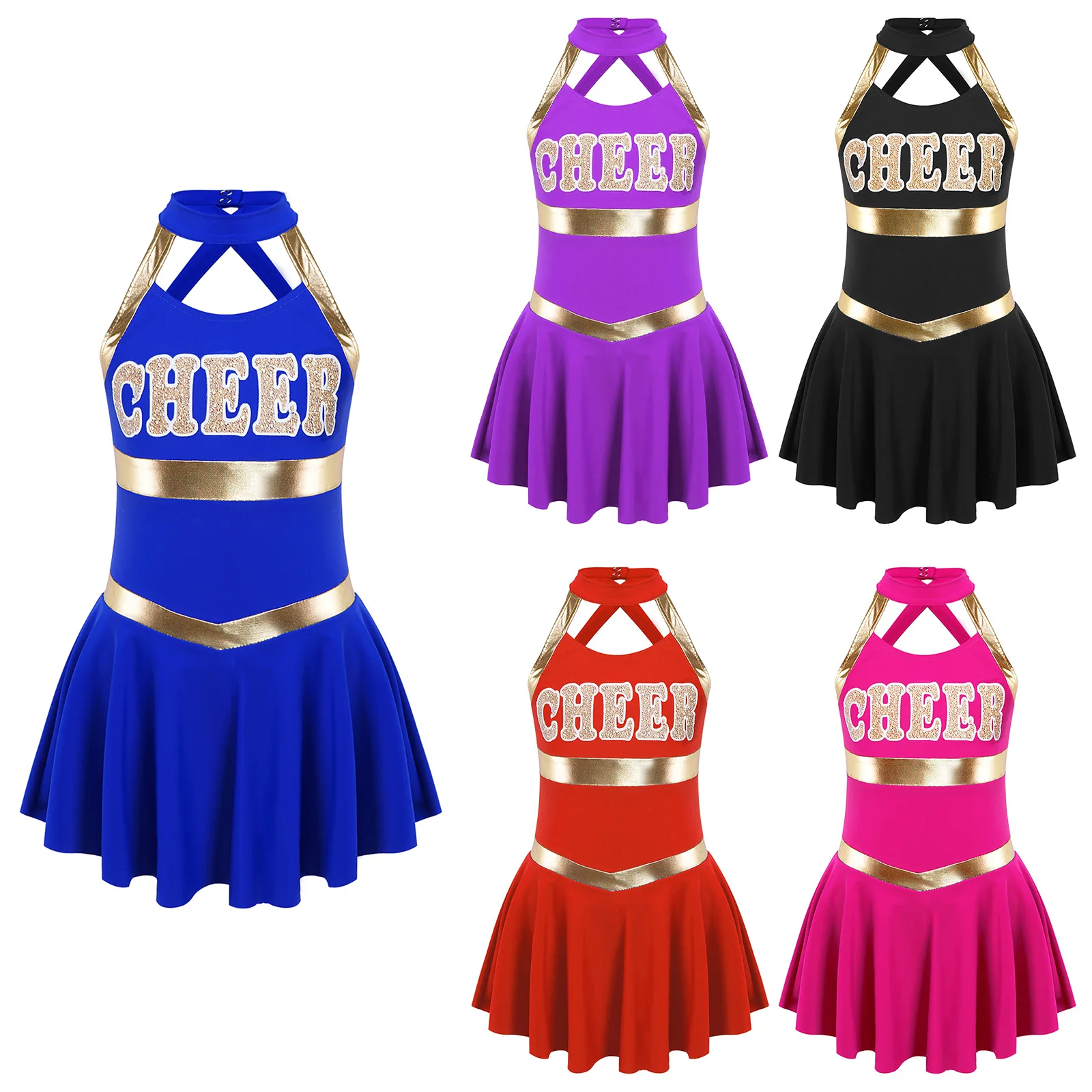 Uniforme de torcida para crianças, Trajes Cosplay para meninas, Vestido Cheerleader, Carta impressa, Dancewear para performance de palco