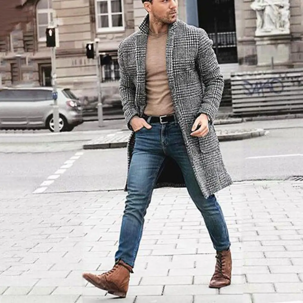 

Autumn Slim Cardigan Warm Plaid Men Woolen Coat Lapel Vintage Winter Collar Midi Cardigan