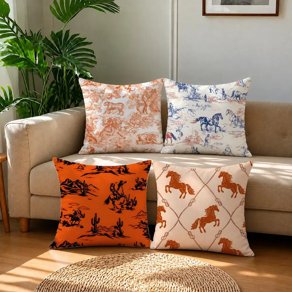 vibrant Orange Equestrian Style Cushion Cover Short Plush Pillowcase, Sofa Bedroom Home Decor & Holiday Gift