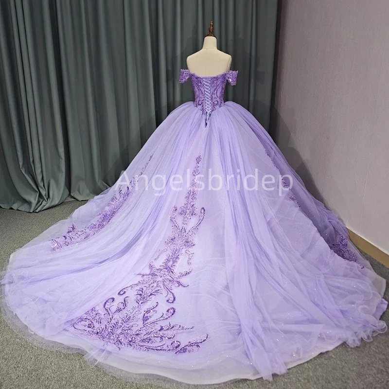 Angelsbridep gaun bola Lavender berpayet manik-manik Tulle Bling gaun pesta malam Vestido De 15 Anos