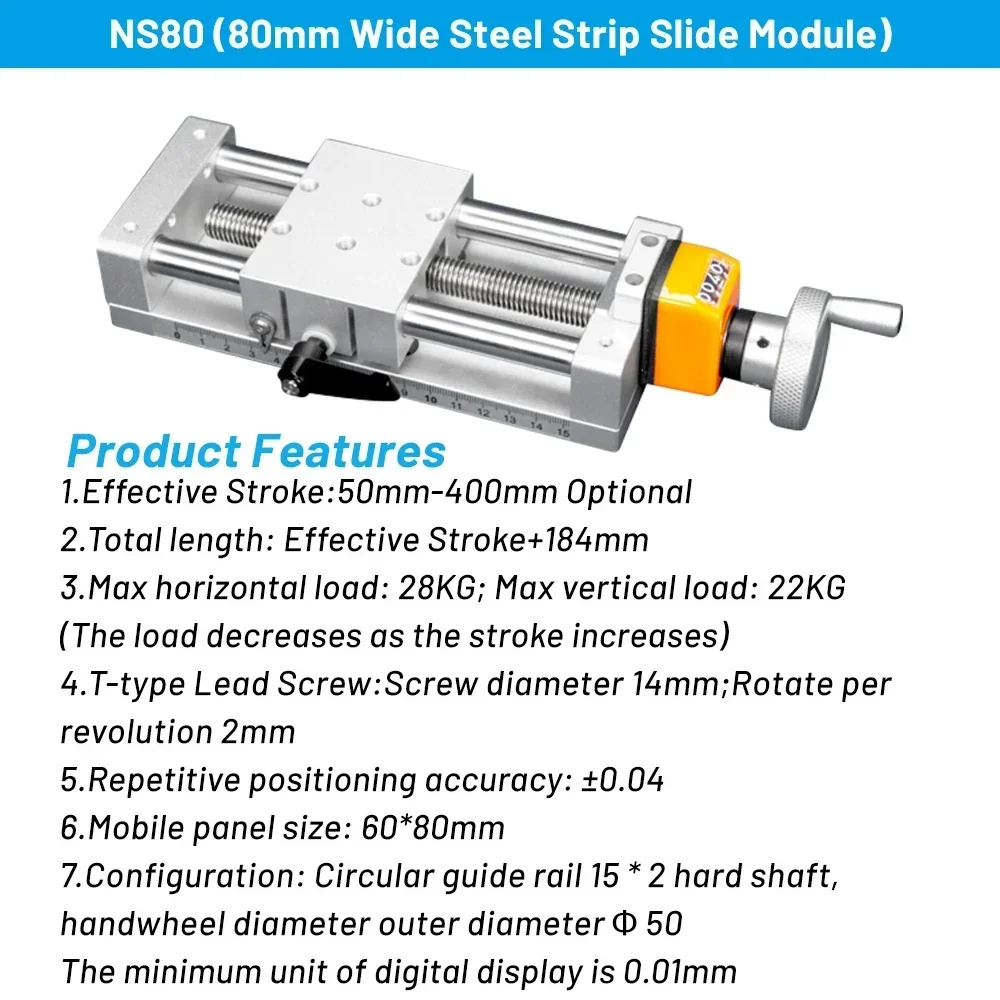 Digital Display Steel Strip Sliding Table Linear Rail Stage Module T-type Manual Linear Actuator Screw Module XYZ Axis 80mm Wide